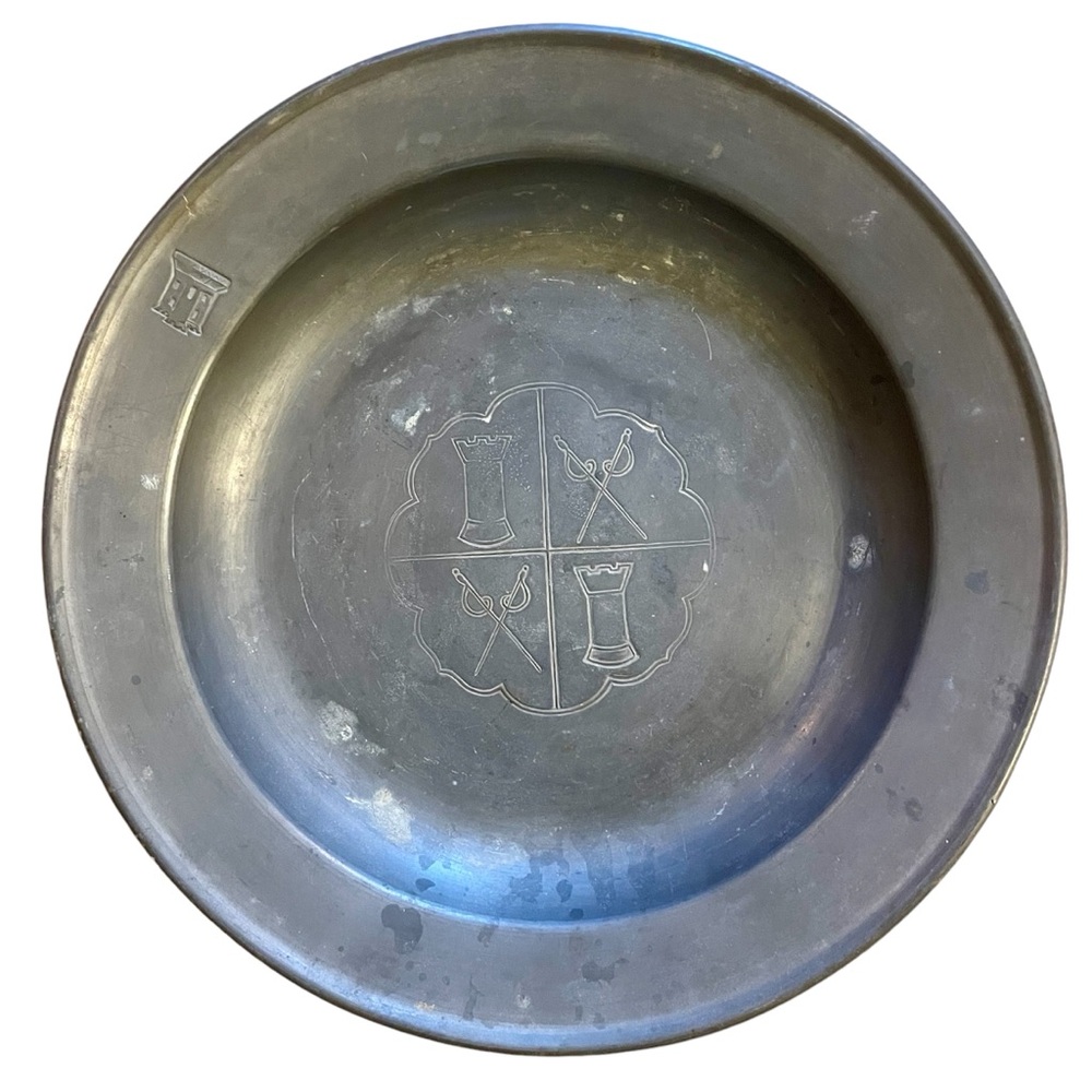 Castle, Crossed Swords, & Rook antique pewter plate/shallow bowl -stamped&signed